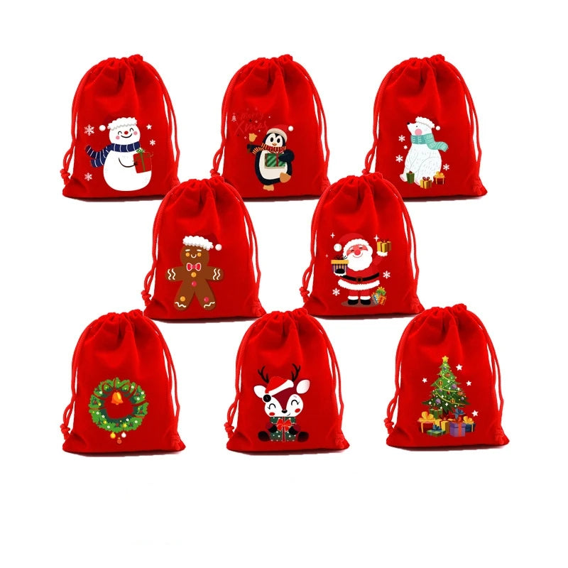 20pcs Xmas Velvet Bags Small Candy Gift Bag Drawstring Pouch Christmas Party Favor Boutique Jewelry Packaging Bags 2024 New Year