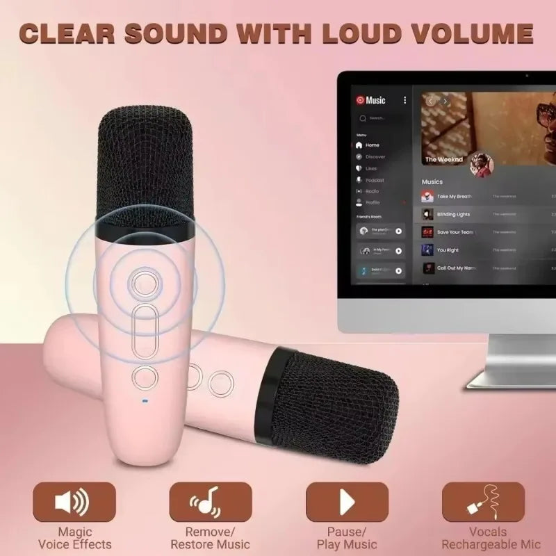 Portable Wireless Dual Microphones Karaoke Machine HomeKTV DSP System Bluetooth Speaker HIFI Stereo Surround For Kids Party Gift