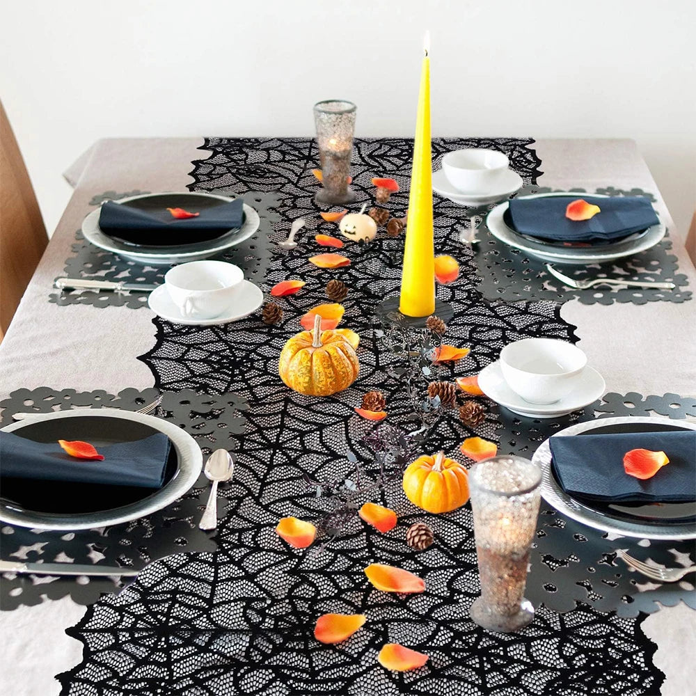 Halloween Home Party Decorations Black Lace Table Runner Spider Web Fireplace Mantel Cover Halloween Decorations Cloth Supplies