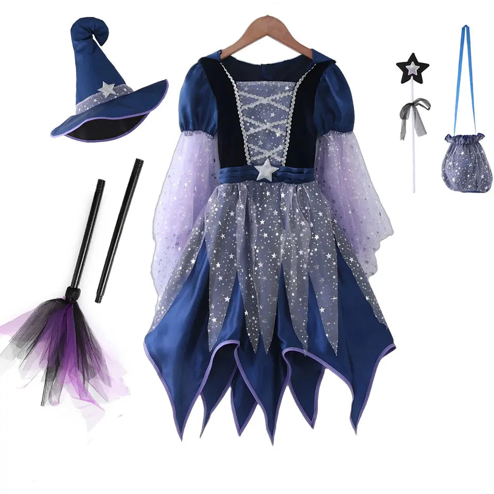 God Mother Fairy Dress with Witch Hat Wand Bag Girls Halloween Costume Witch Cosplay All Saint's Day 4Pcs Wizard Vestidos Suit
