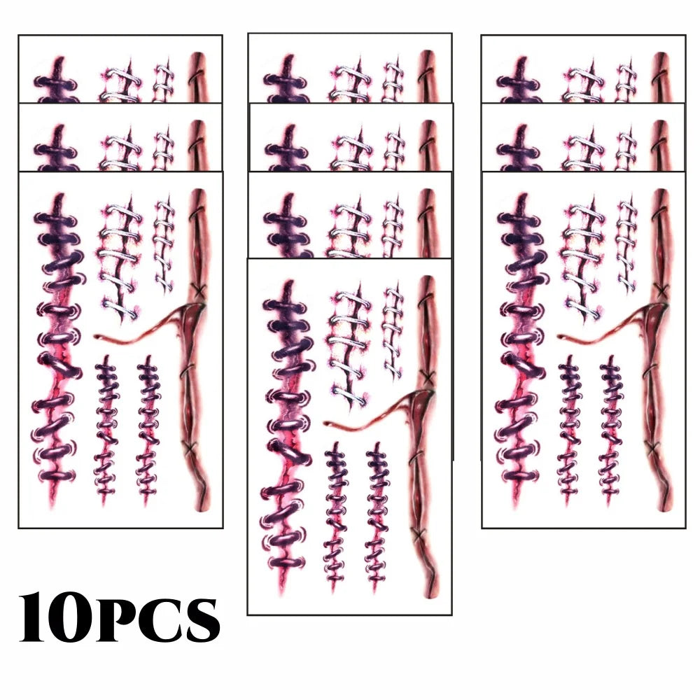 10pcs 3D Fake Scar Tattoos Sticker Body Face Realistic Scab Temporary Tattoos Halloween Horror Wound Bloody DIY Makeup Stickers