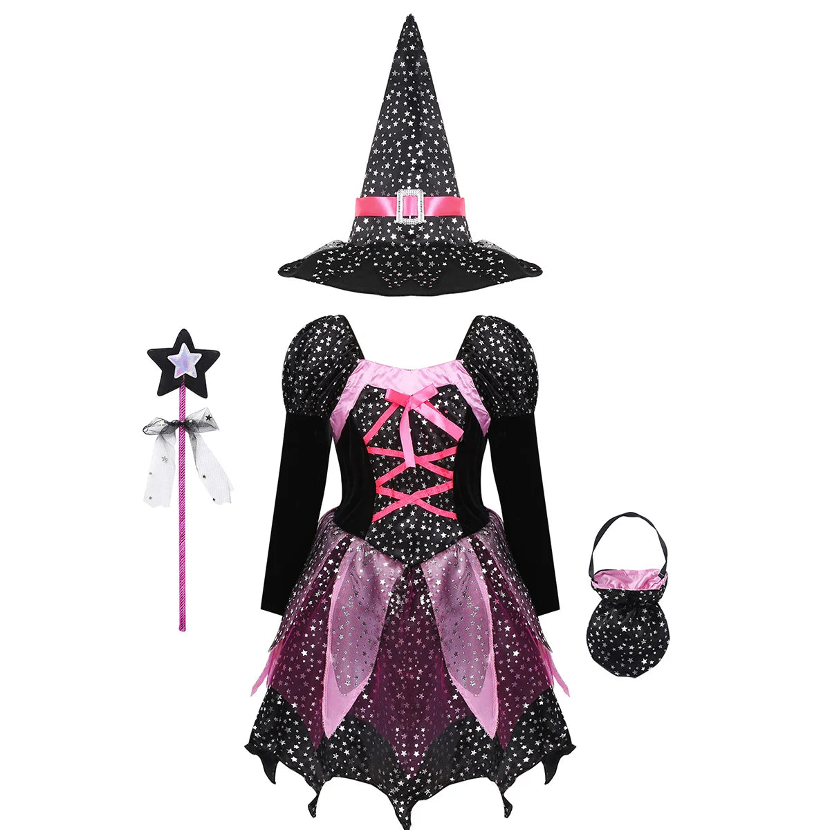 God Mother Fairy Dress with Witch Hat Wand Bag Girls Halloween Costume Witch Cosplay All Saint's Day 4Pcs Wizard Vestidos Suit