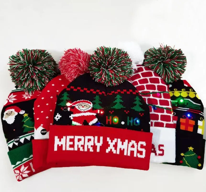 NEW 50 Designs LED Christmas Hats Beanie New Year Knitted Illuminate Warm Hat Christmas Tree Snowman Kids Adults Hat