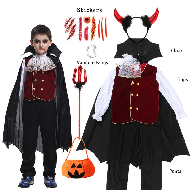 Halloween Fantasy Children's Costumes Ghost Bride Gothic Cosplay Girls Red Vampire Day of The Dead Kids Costumes for Boy Girl