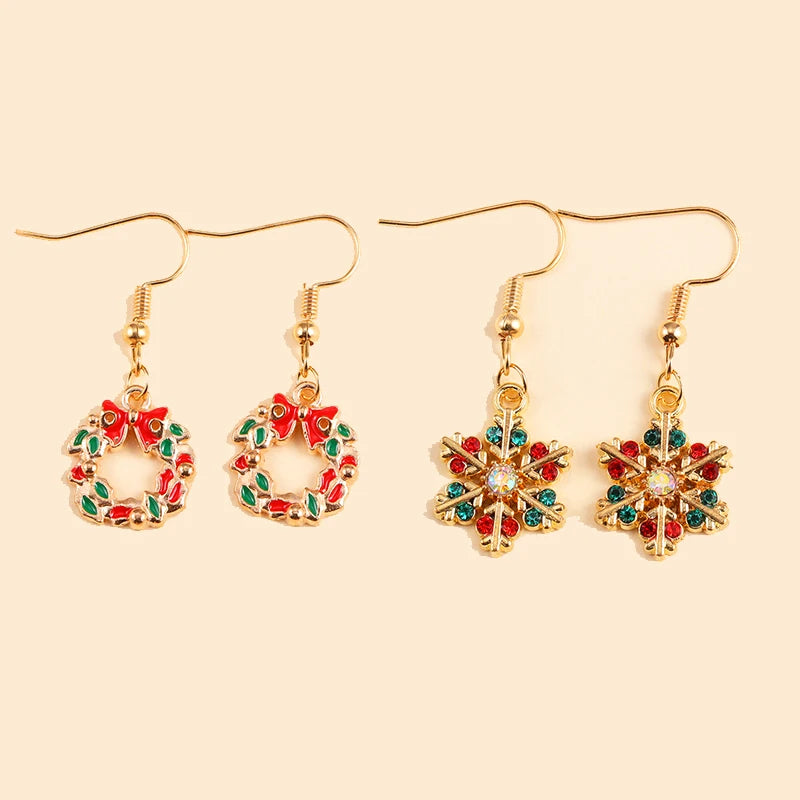 2Pairs Cute Christmas Set Earring Alloy Enamel Bell Snowflake Snowhouse Design Earrings - Perfect Holiday Jewelry Gift