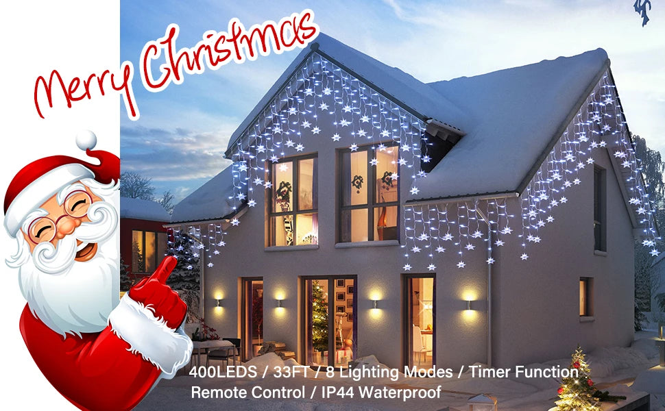 snowflake Christmas Decoration 2025 Street Garlands on The House LED Icicle Lights Outdoor Waterproof Curtain Fairy String Light