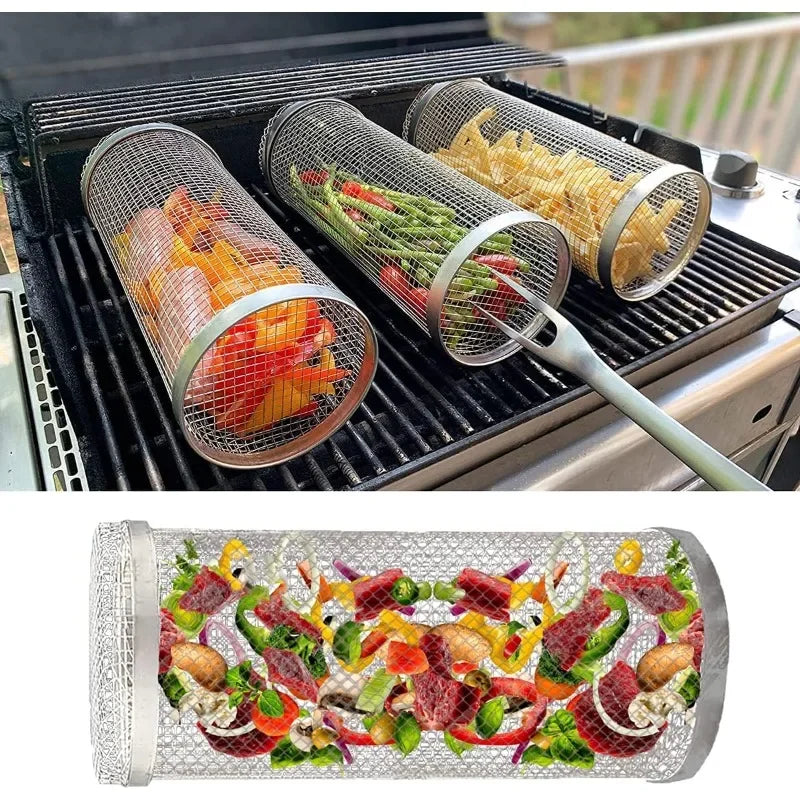 BBQ Grill Basket Rolling Grilling Basket Barbecue for Outdoor Camping
