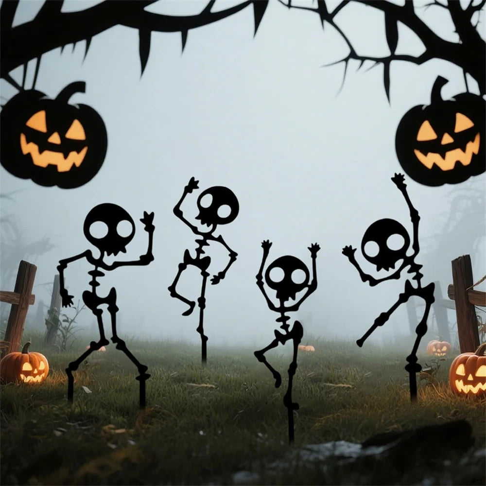 4PCS Spooky Dancing Skeleton Garden Stakes, Weatherproof Metal Yard Art for Halloween Decor, Easy Install Outdoor Lawn Ornaments
