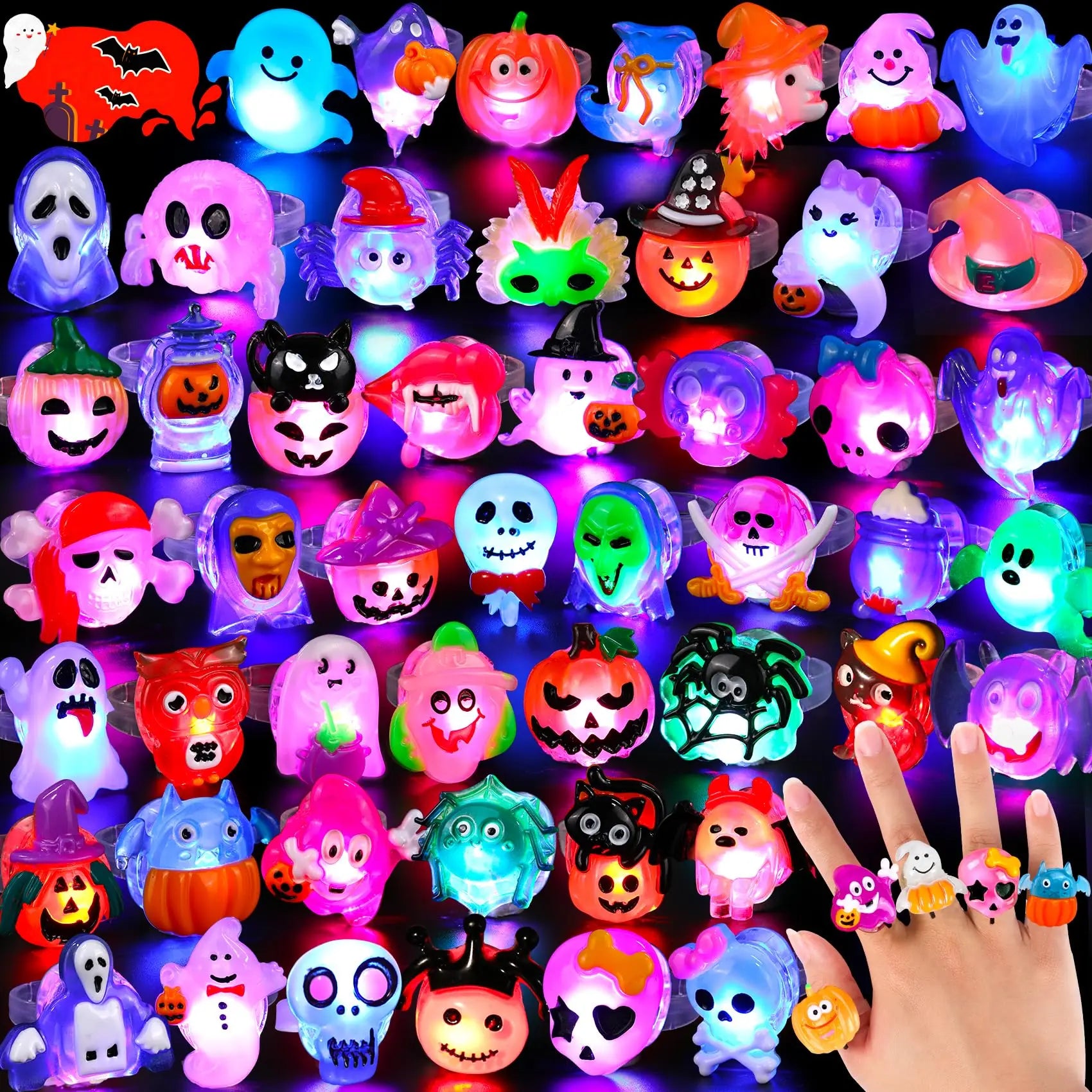 30-150PCS 3D Light Up Rings Bulk Halloween Treats Toys Party Favors for Kids Non Candy Treats Glow In The Dark Party Gifts for K