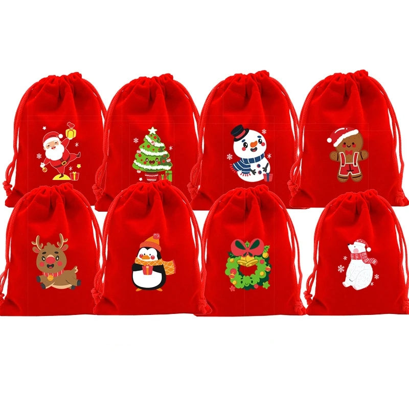 20pcs Xmas Velvet Bags Small Candy Gift Bag Drawstring Pouch Christmas Party Favor Boutique Jewelry Packaging Bags 2024 New Year