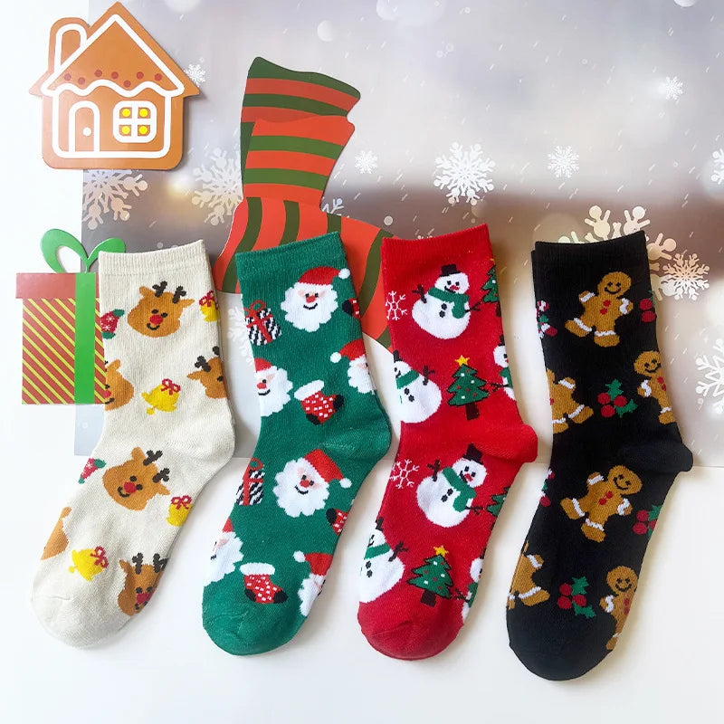4 Pairs Christmas Socks For Woman Santa Claus Snowman Gingerbread Man Christmas Socks Kawaii Cartoon Girls Christmas Gifts