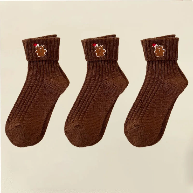 3 Pairs Cotton Cartoon Christmas Socks for Women Autumn Winter Warm Comfortable Cute Mid-tube Embroidery Merry Christmas Gifts