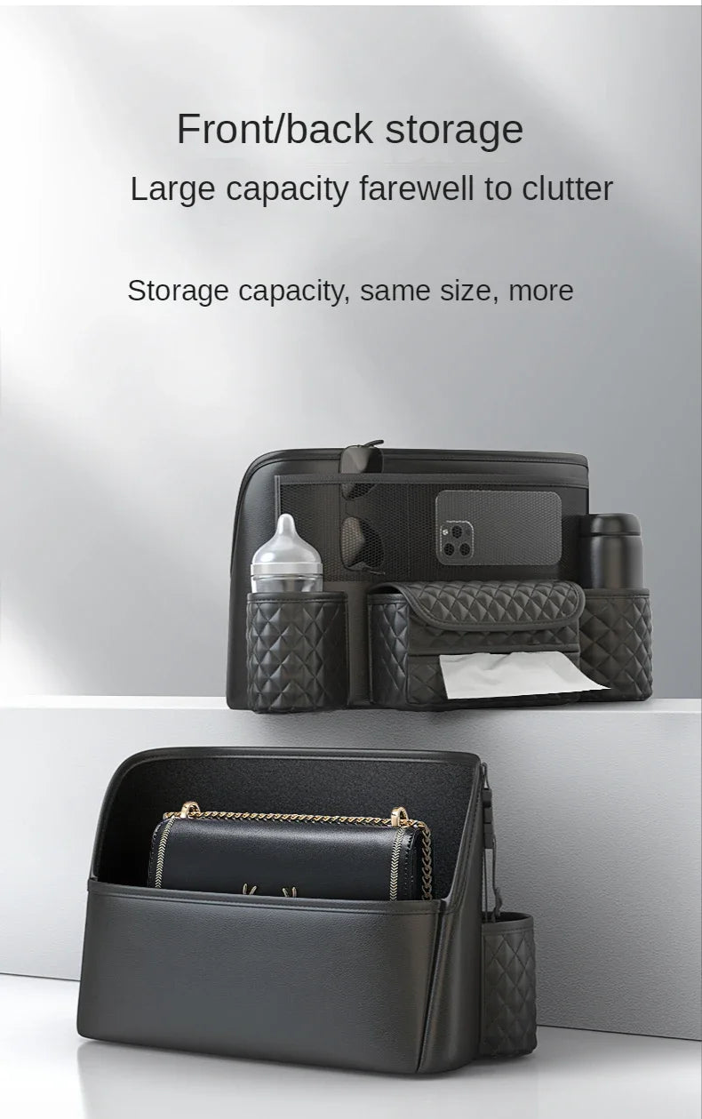 Leather Car Seat Middle Hanger Storage Bag Luxury Auto Handbag Holder Between Seats Tissue Water Cup Pockets Stowing Tidying