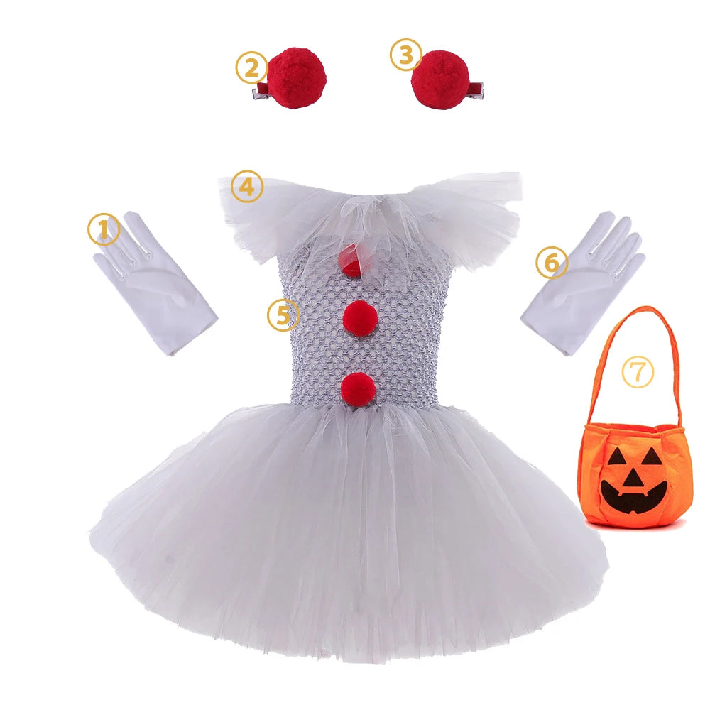Halloween Clown Dress Kids Horror Movie Cosplay Costume Set for Girls Carnival Party Party Dress Up Clowns Clothing 3-10Yre