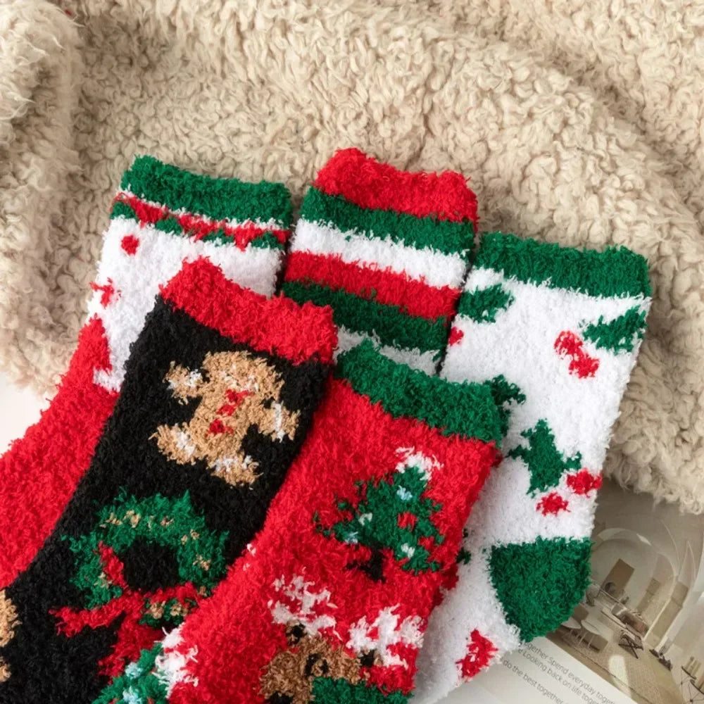 5 Pairs New Autumn and Winter Christmas Thickened Cute Warm Coral Fleece Socks Velvet Santa Fawn Snowflake Women Socks