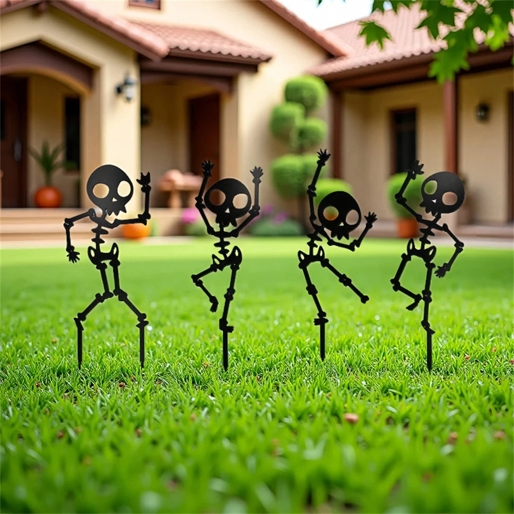 4PCS Spooky Dancing Skeleton Garden Stakes, Weatherproof Metal Yard Art for Halloween Decor, Easy Install Outdoor Lawn Ornaments