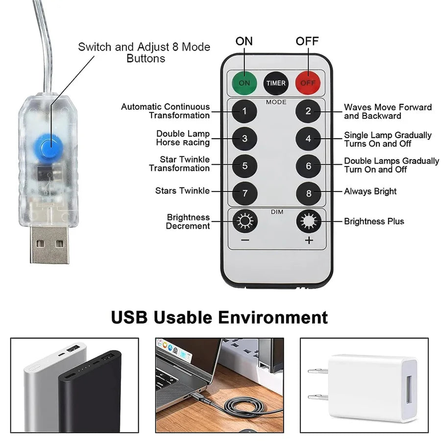 2025 New Year Decoration Christmas Fairy String Lights Outdoor USB Remote Stars Waterfall Garden Lights for Home Party Wedding