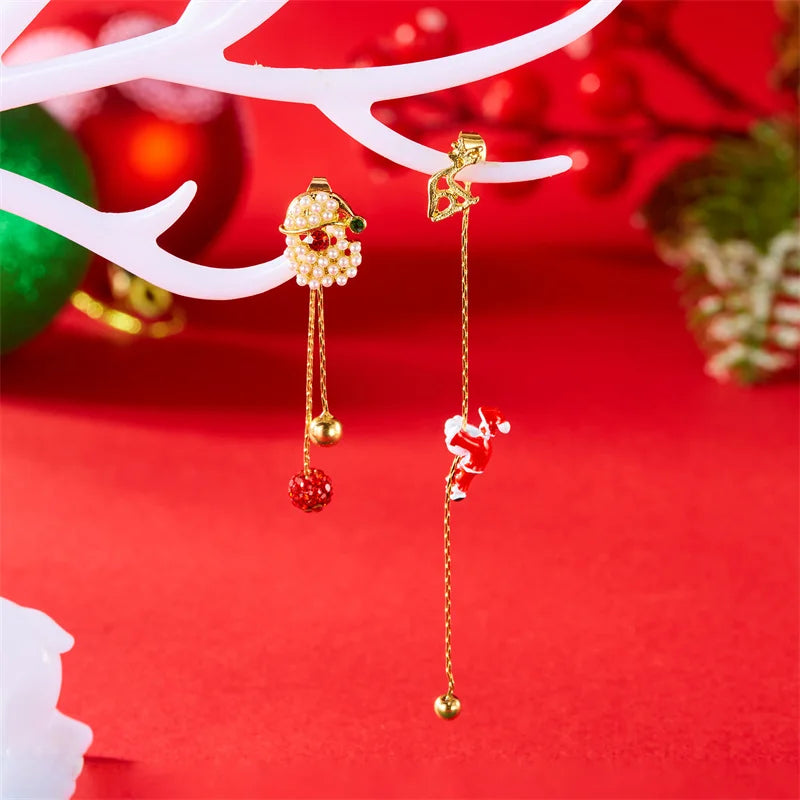 Moving Santa Claus Tassel Dangle Earrings For Women Christmas Tree Snowflake Asymmetric Long Chain Earring New Year Jewelry Gift