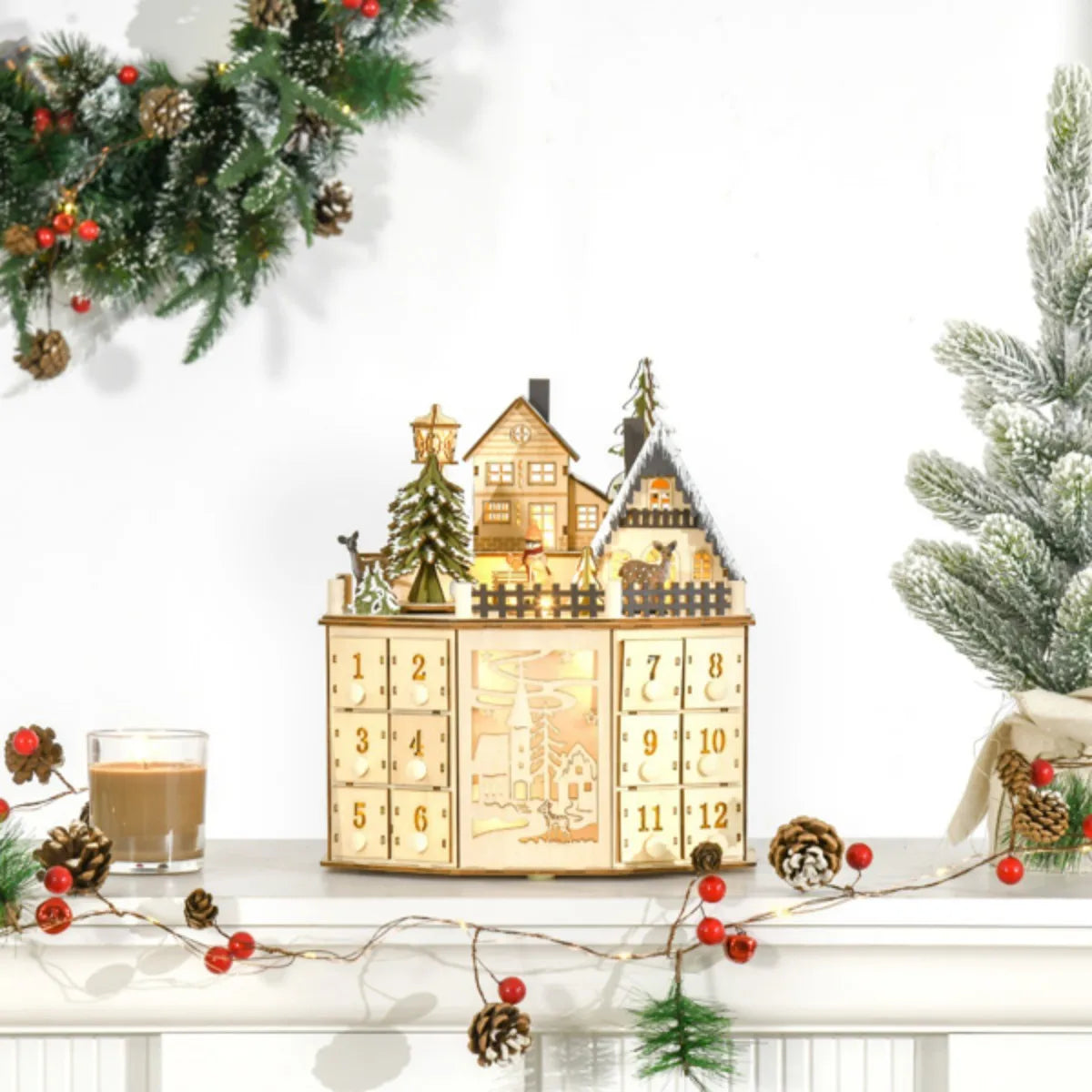 Handmade Wooden Advent Calendar 24 Day Countdown with Musical Village Scene Decoration Xmas Party Decoration
