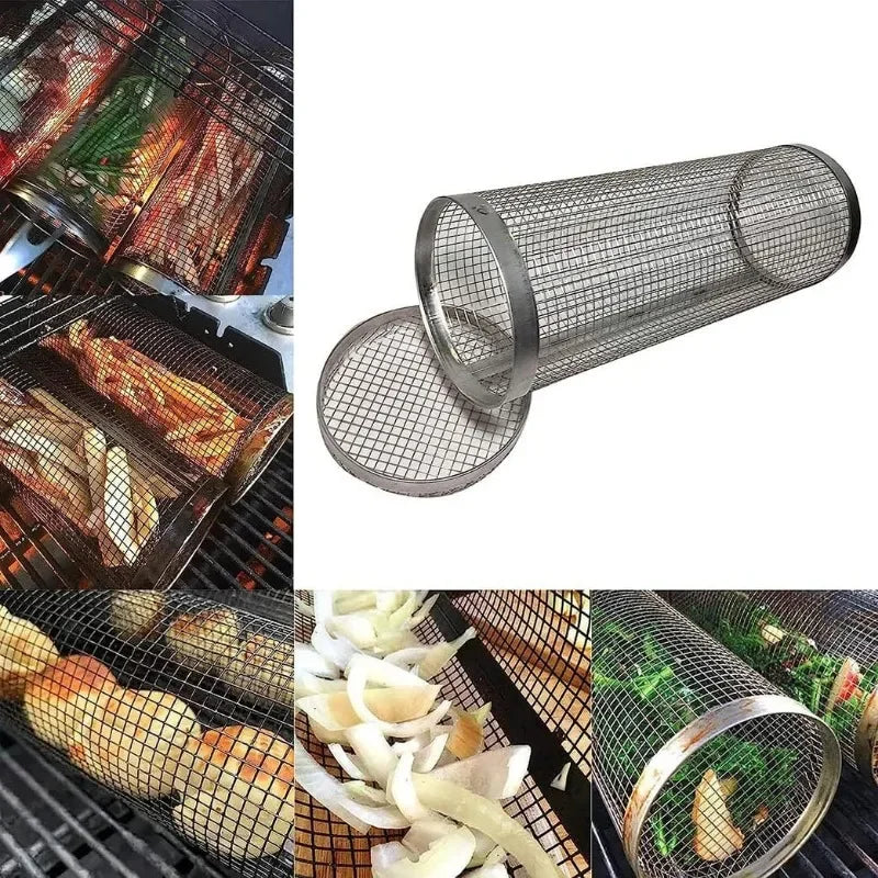 BBQ Grill Basket Rolling Grilling Basket Barbecue for Outdoor Camping
