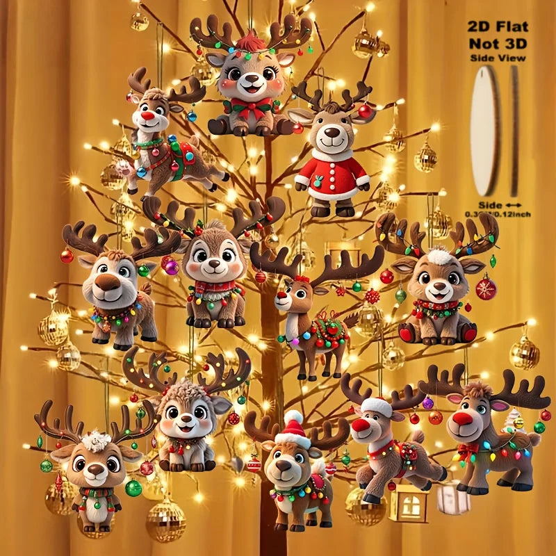 2D Wood Cartoon Fawn Christmas Tree Pendant Christmas Cartoon Cute Elk Hanging Decorations 2025 New Year Gifts Party Decor