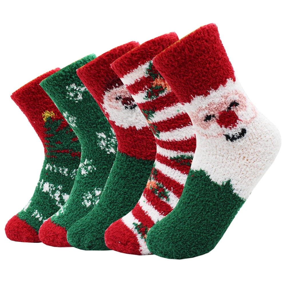 5 Pairs New Autumn and Winter Christmas Thickened Cute Warm Coral Fleece Socks Velvet Santa Fawn Snowflake Women Socks