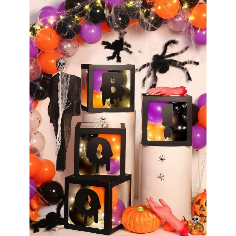 4Pcs Halloween Balloon Boxes with 4 black “BOO!” letter，Balloon Arch Decor for Halloween Party Decorations Shower Decoration