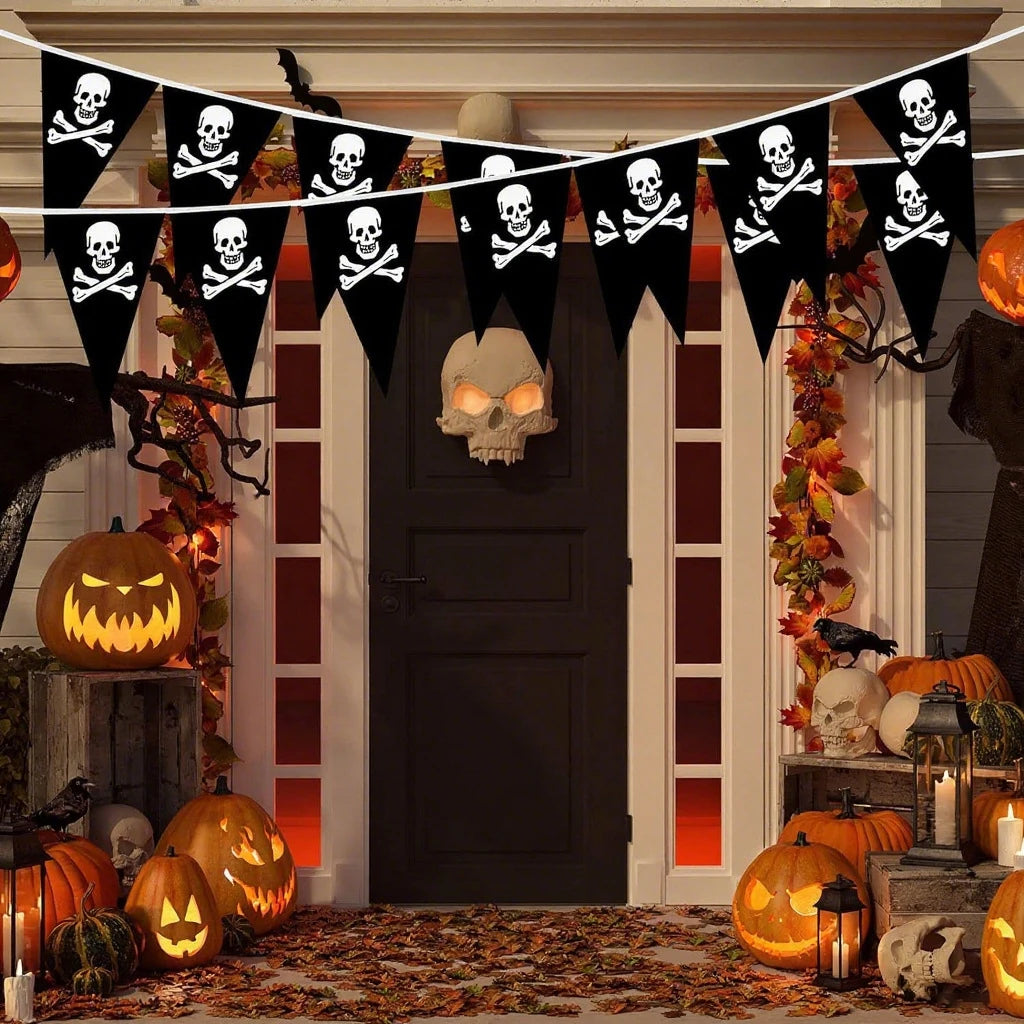 1set 10m Halloween Pirate Banners Pirate Skull Printed Black Pennant Triangle Flags Pirate Theme Party Decoration Birthday Party