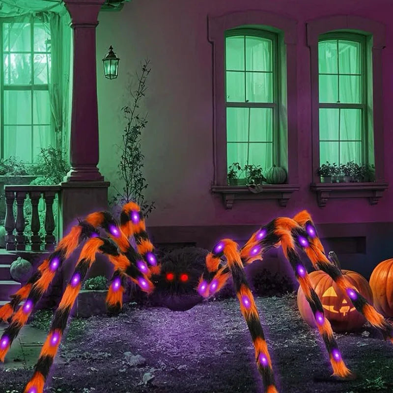 Glow in The Dark Spider Web Halloween Outdoor Decorations Fake Realistic Spider Lights Yard/garden Decor Day of The Dead Props