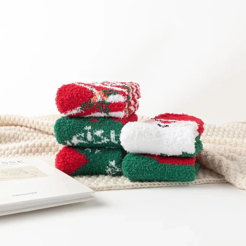 5 Pairs New Autumn and Winter Christmas Thickened Cute Warm Coral Fleece Socks Velvet Santa Fawn Snowflake Women Socks