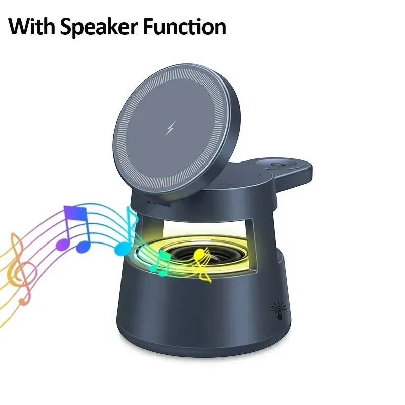 3 in 1 Magnetic Wireless Charger Bluetooth Speaker LED Light Desktop Fast Charging Phone Stand For iPhone 16 15 iWatch Airpods