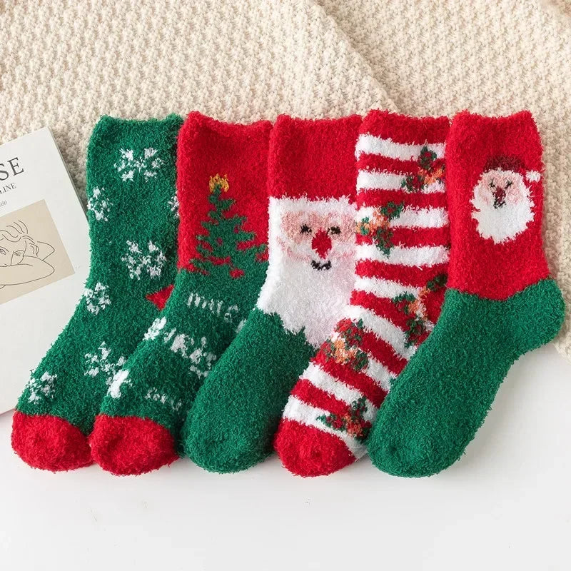 5 Pairs New Autumn and Winter Christmas Thickened Cute Warm Coral Fleece Socks Velvet Santa Fawn Snowflake Women Socks