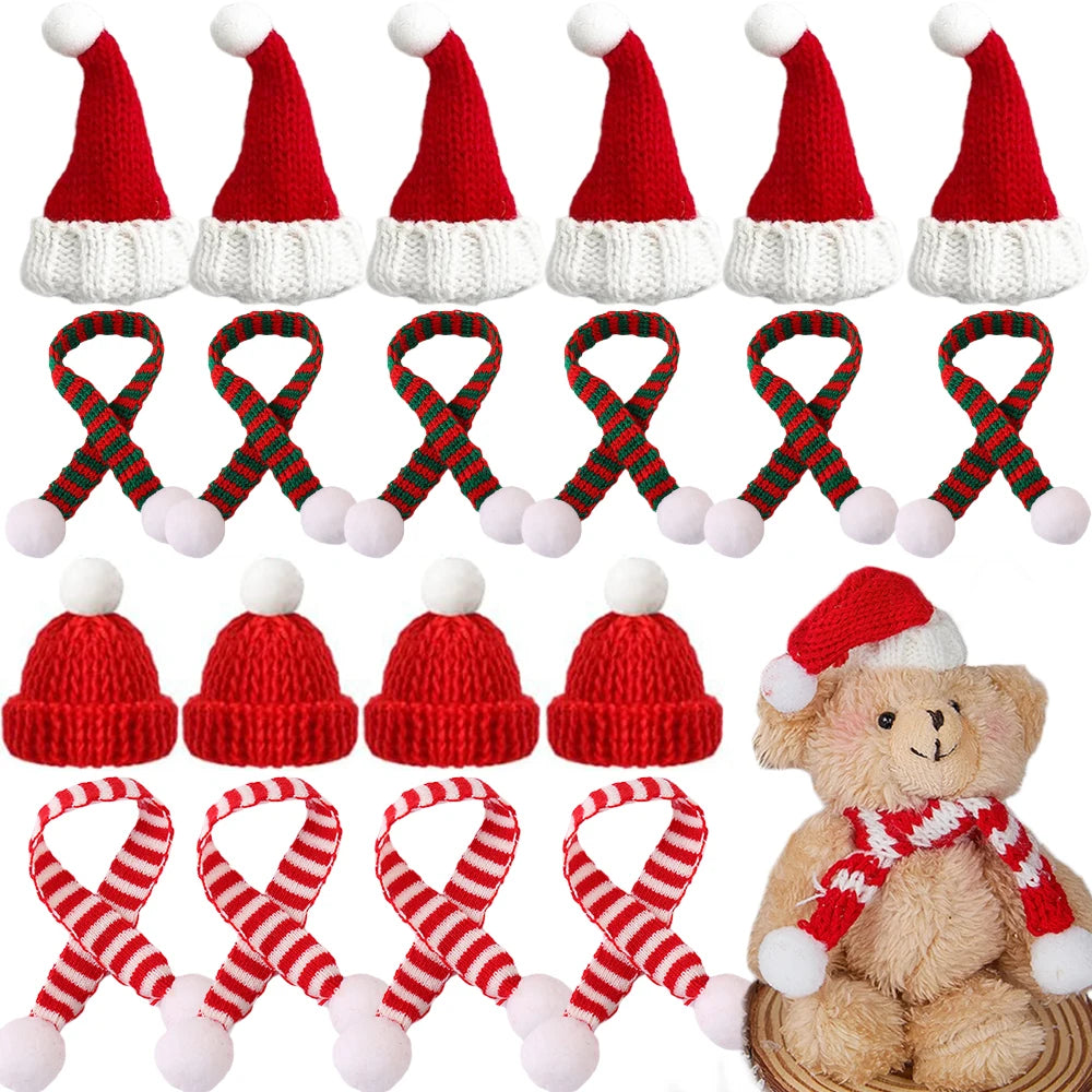 Mini Santa Knitted Hat & Scarf Small Christmas Costume for Cat Rabbit Doll Lollipop Bottle Cap DIY Xmas Party Dinner Decoration