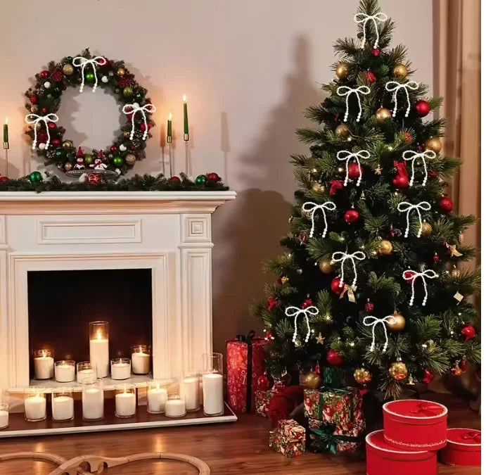 6/12pcs Xmas Tree Hand Woven Imitation Pearl Bow Hanging Ornaments 2025 Christmas Decoration for Home Navidad Gift New Year 2026