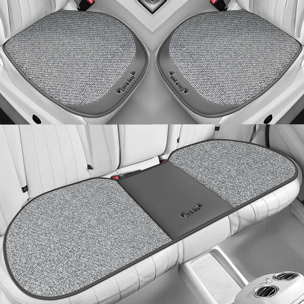 3pcs, Breathable Car Seat cushion - PU Leather + Cool Ice Rattan Weave, Playful Embroidery