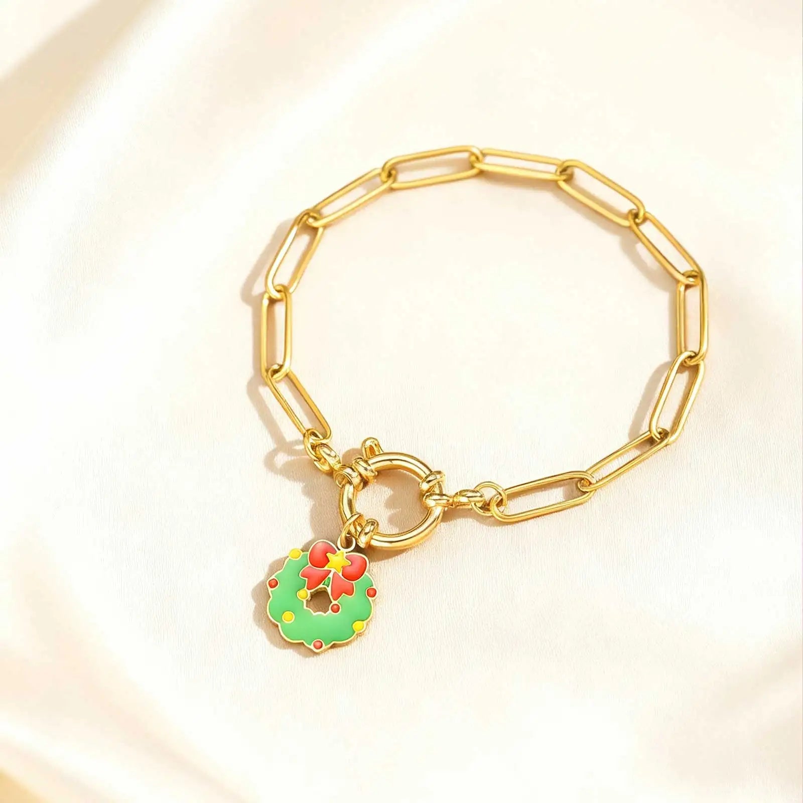 18CM Cute Santa Bubble Buckle Bracelet for Women,Gold Plated Stainless Steel Small Square Chain Bracelets,Merry Christmas Gift