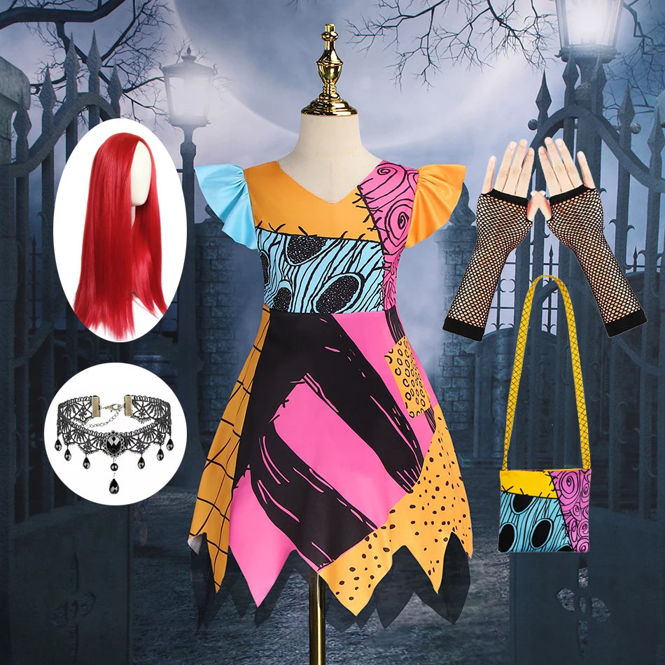 Baby Girls Halloween Costumes Cosplay Dress Nightmare Before Children Christmas Carnival Princess Sally Party Clothes 2-10 Years