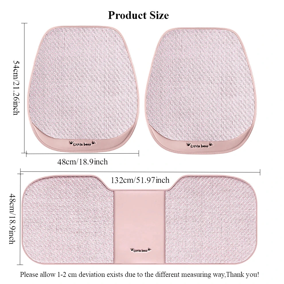 3pcs, Breathable Car Seat cushion - PU Leather + Cool Ice Rattan Weave, Playful Embroidery