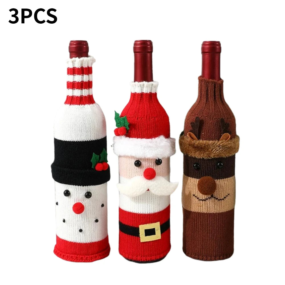 Christmas Sweater Wine Bottle Cover Set Santa Snowman Knitted Wine Bottle Bag Christmas Party Dinner Table Decoration
