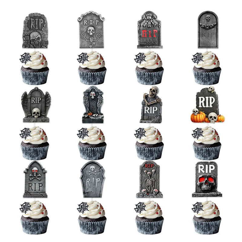 12/24pcs Halloween Scary Tombstone Cupcake Toppers Skeleton RIP Graveyard Cake Topper Decorations Halloween Birthday Party Decor