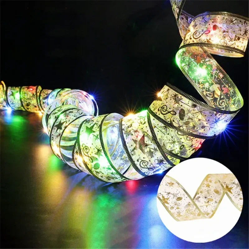 New Year 2026 Christmas Decoration LED Ribbon Fairy Lights Christmas Tree Ornaments for Home DIY Bows Light String Navidad 2025