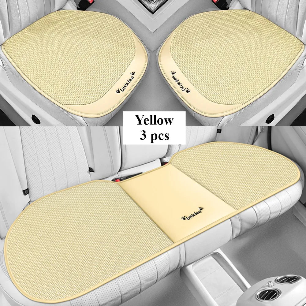 3pcs, Breathable Car Seat cushion - PU Leather + Cool Ice Rattan Weave, Playful Embroidery