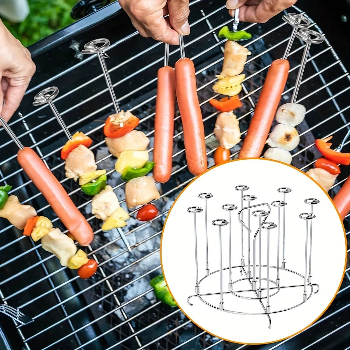 6Qt/8Qt Air Fryer Skewer Stand Vertical Multi-pin Stainless Steel BBQ Holder Air Fryer Accessories for Grilling Kitchen Kabobs