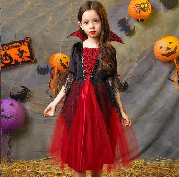 Girls Boys Vampire Dress Kid Ghost Bride Gothic Cosplay Vampire Devil Bat Halloween Costume Vampiran Carnival Outfit Clothes