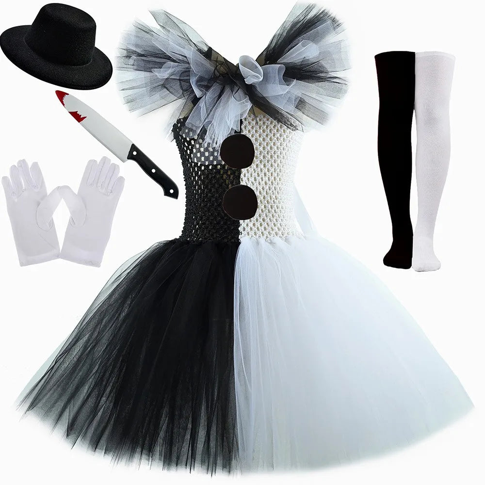 2025 Halloween Festive Party Girls Cosplay Black and White Witch Sleeveless Clown Lace Vampire Clothing Plus Accessories Set