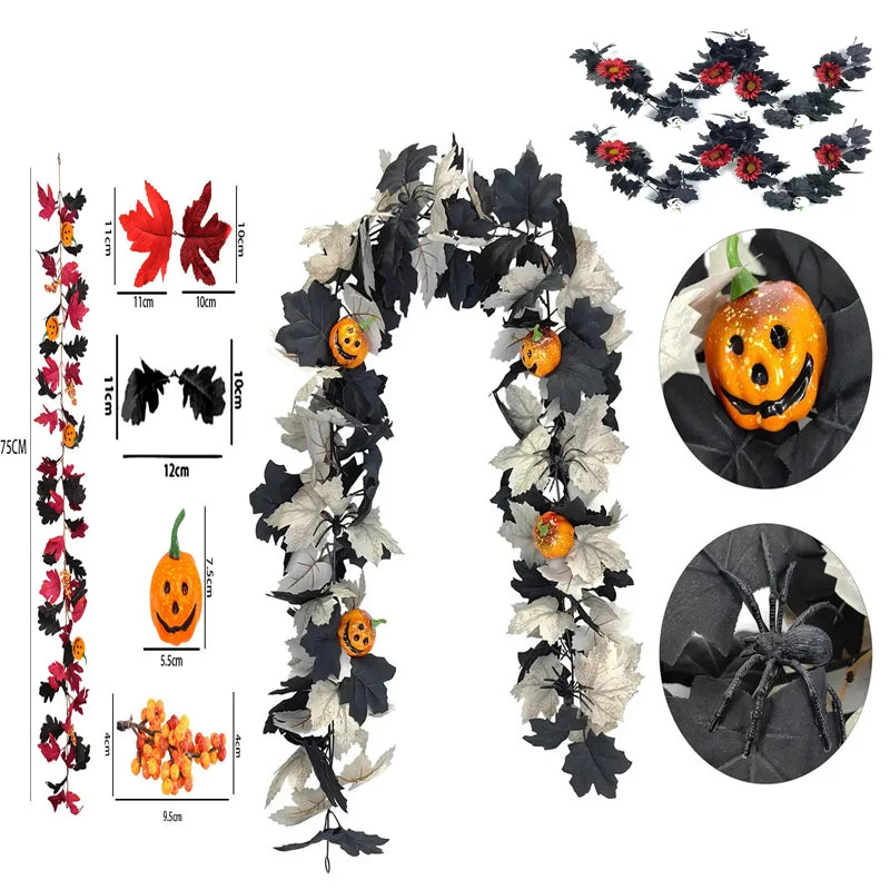 1 Halloween Wreath - 5.74ft Gothic Maple Leaves And Pumpkin Vines With Spooky Decorations To Create A Spooky Holiday And Firepla