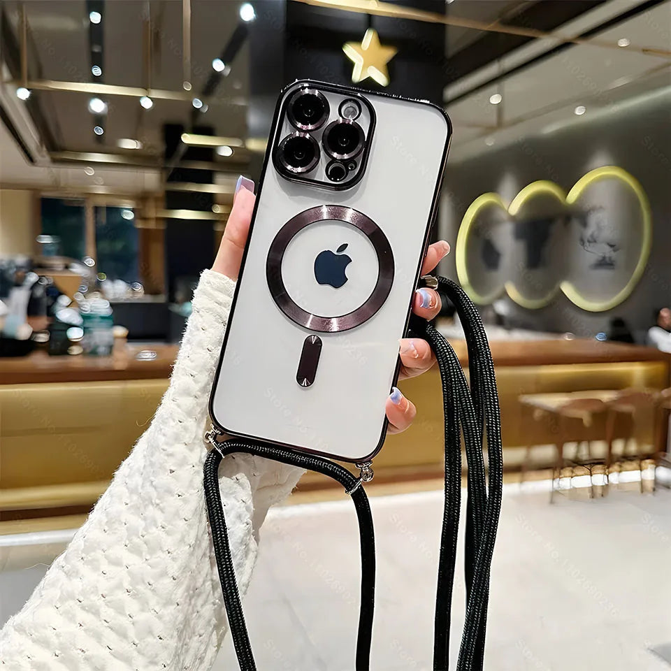 Luxury Phone Charm Strap For Magsafe Magnetic Case For iPhone 15 14 13 12 11 Pro Max 15 Plus Wireless Charging Cover Hange Rope