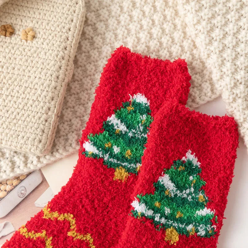 5 Pairs New Autumn and Winter Christmas Thickened Cute Warm Coral Fleece Socks Velvet Santa Fawn Snowflake Women Socks