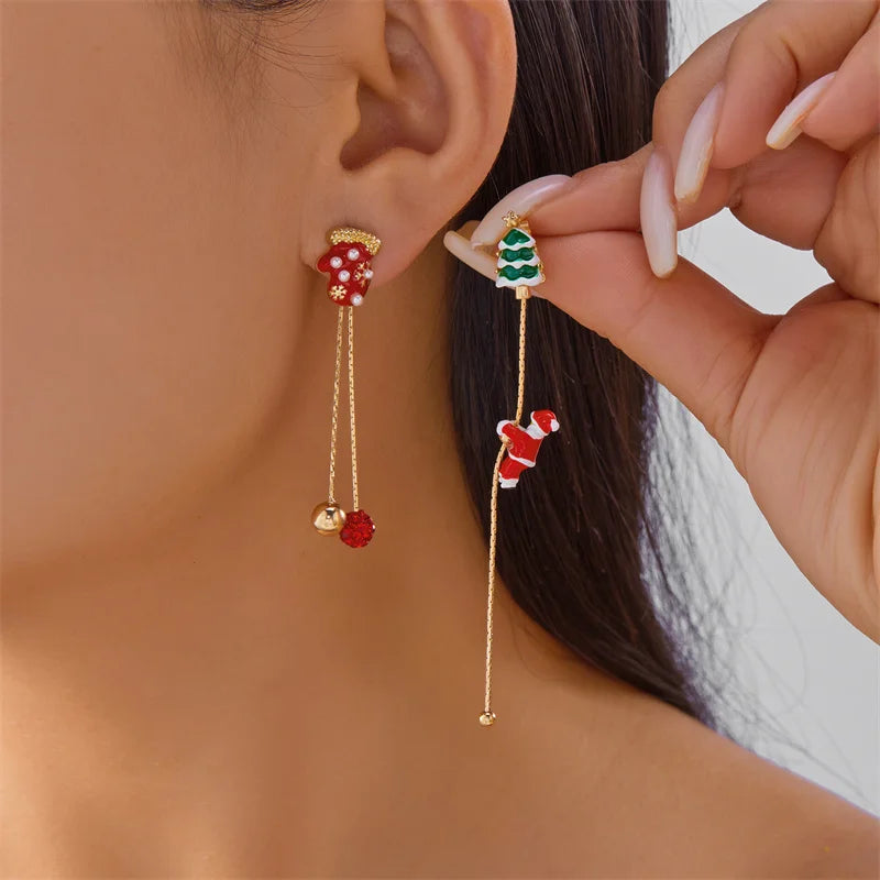 Moving Santa Claus Tassel Dangle Earrings For Women Christmas Tree Snowflake Asymmetric Long Chain Earring New Year Jewelry Gift