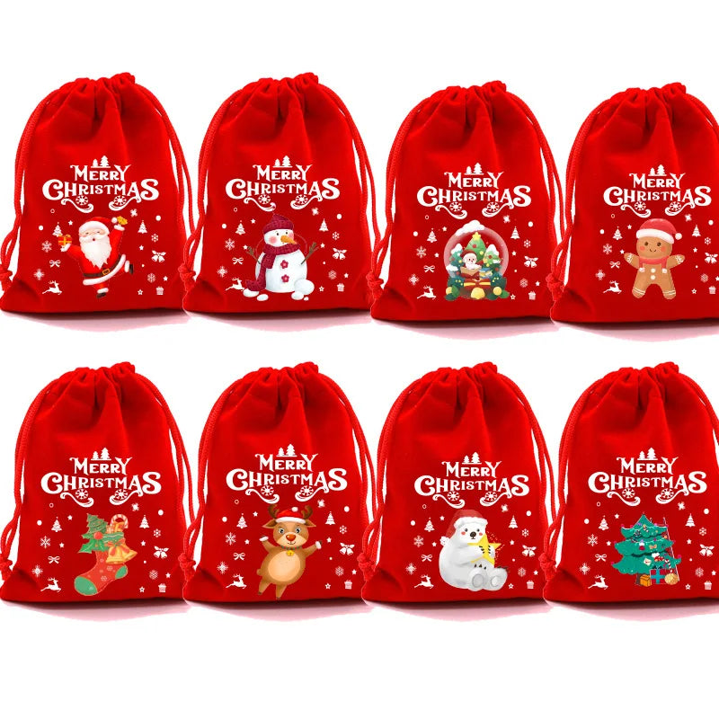 20pcs Xmas Velvet Bags Small Candy Gift Bag Drawstring Pouch Christmas Party Favor Boutique Jewelry Packaging Bags 2024 New Year